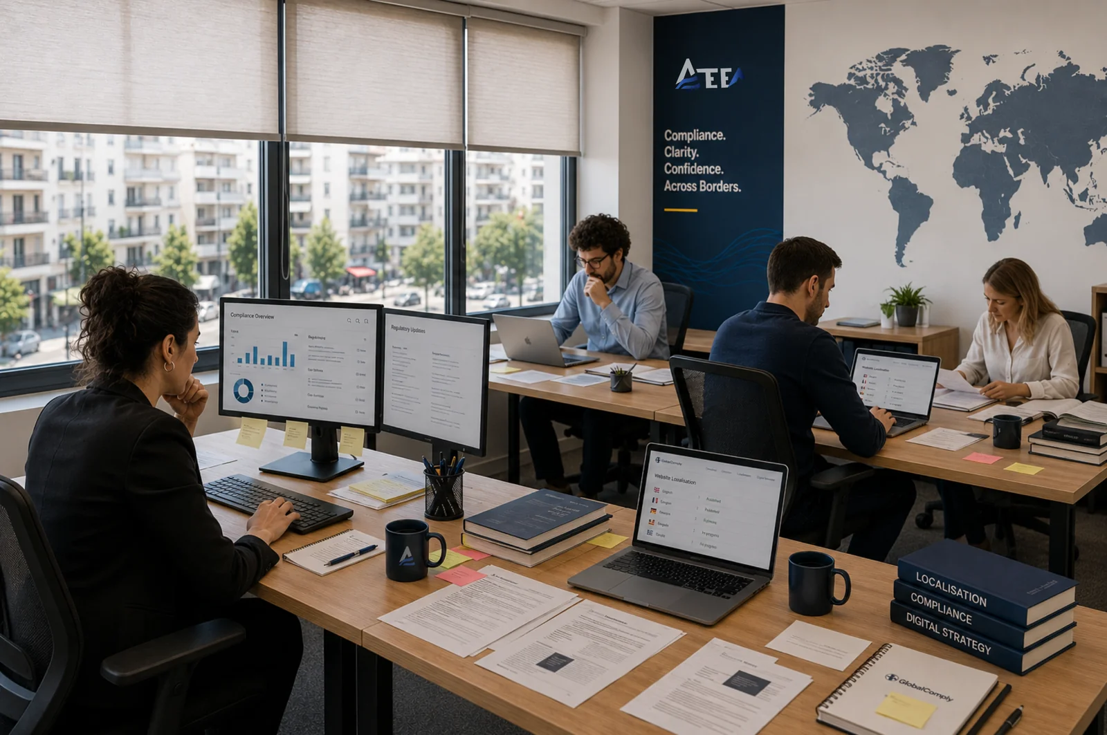 L'équipe ATEEA travaillant dans un bureau de consultants modernes sur des projets de conformité et d'entrée sur le marché.