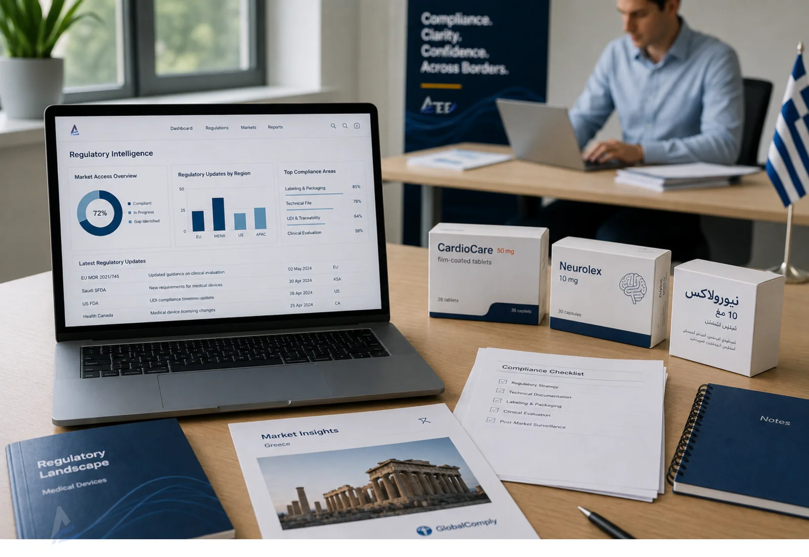 Espace de travail d'intelligence réglementaire avec documents de conformité, études de marché et emballages produits.