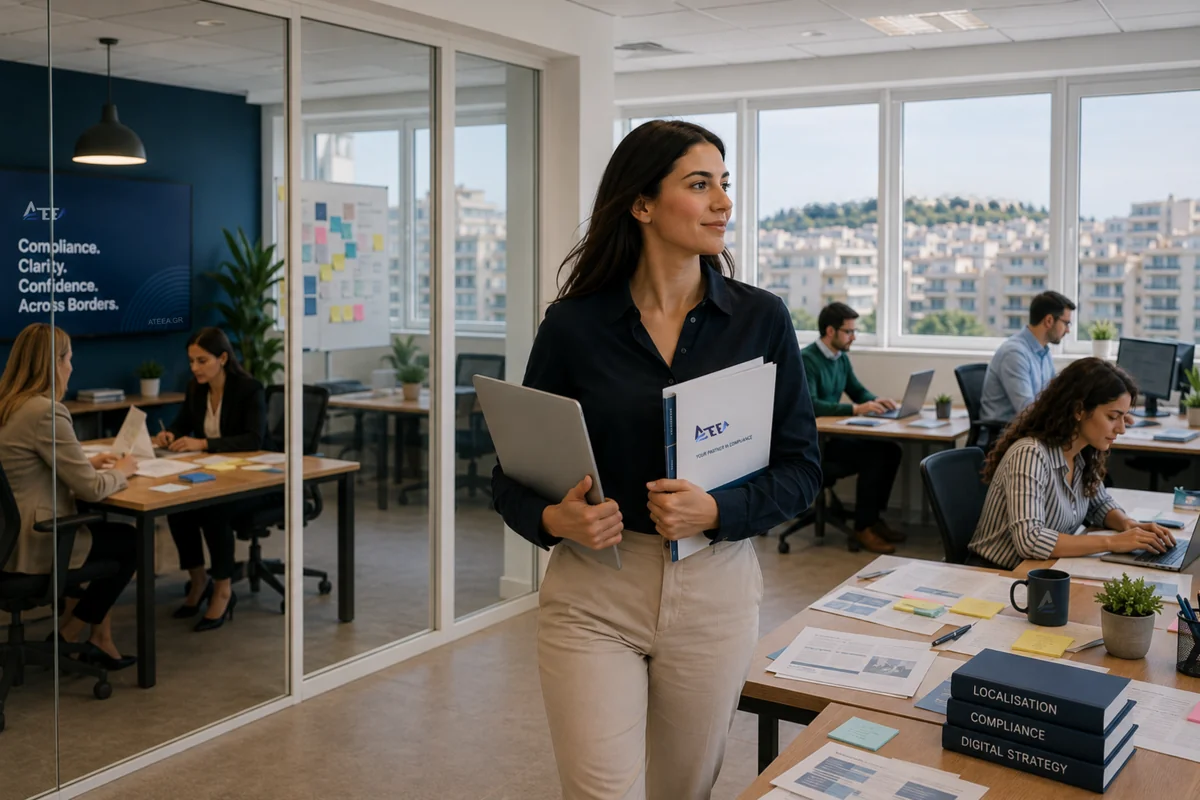 Consultant traversant les bureaux modernes d'ATEEA avec des documents de projet.